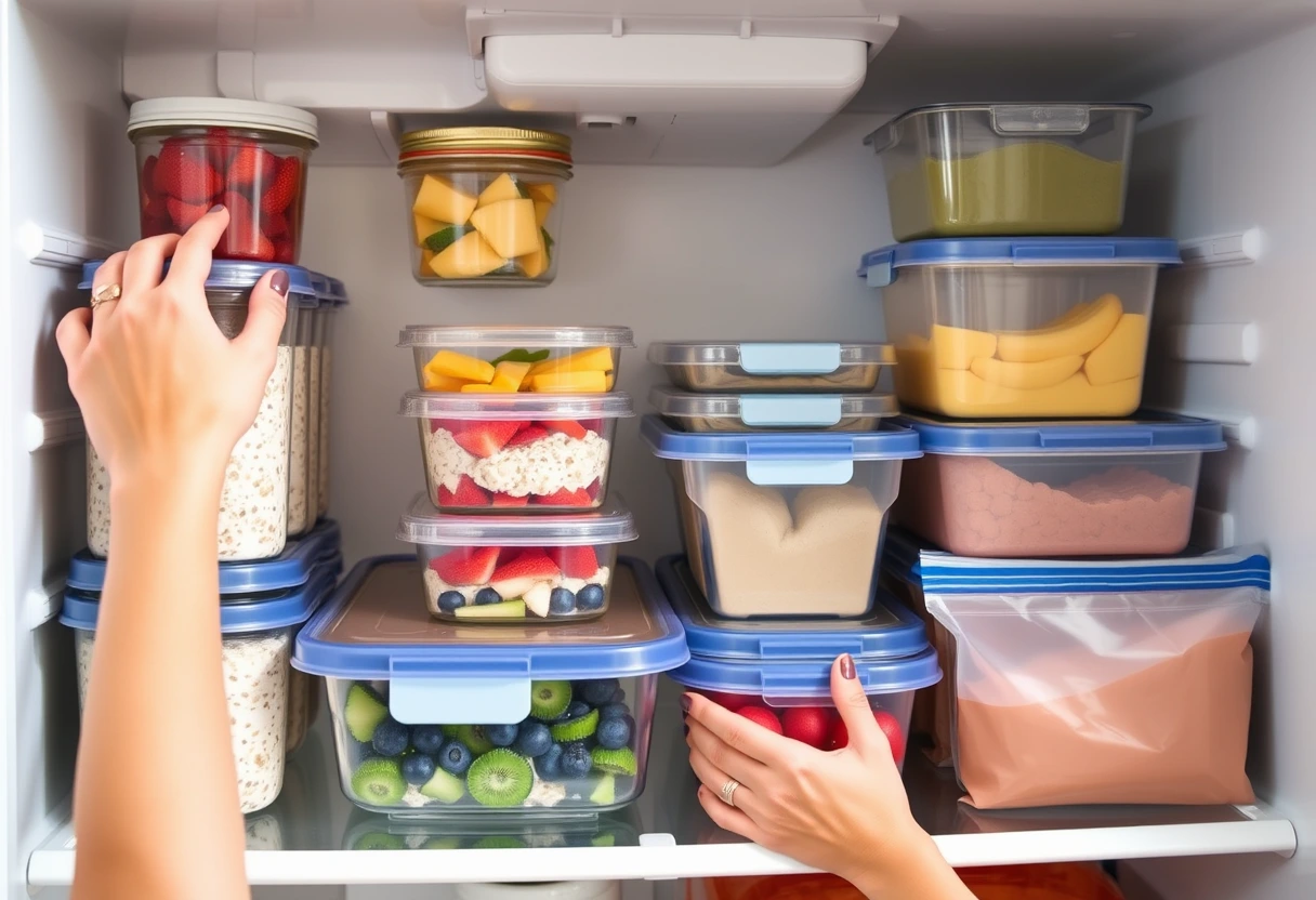 A busy mom organizing various prepped no-cook breakfast containers in a fridge, showcasing effective meal prep strategies for a quick morning meal.