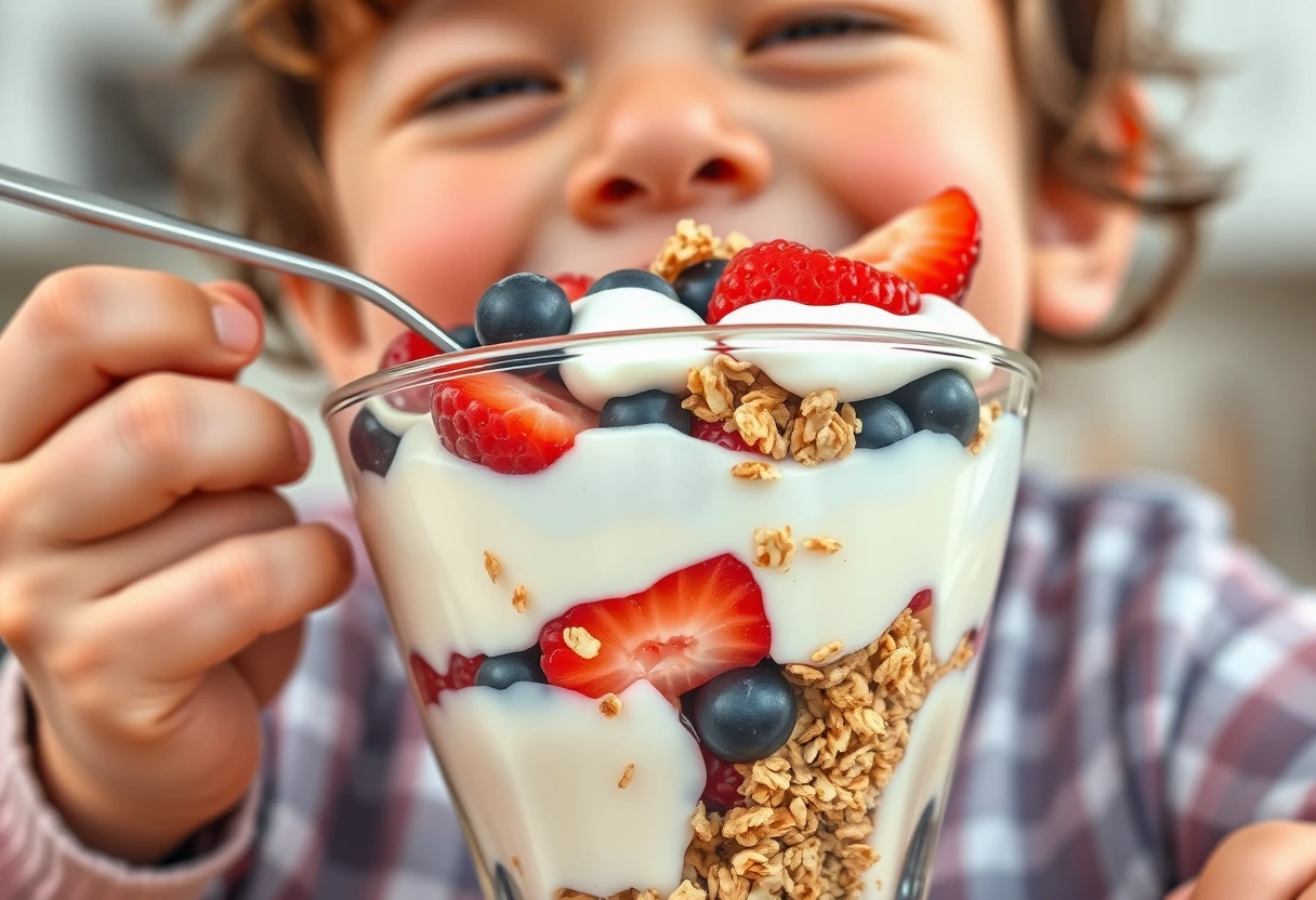 A child enthusiastically eating a yogurt parfait layered with berries and granola, demonstrating a delicious busy morning breakfast recipe kids will ask for again.