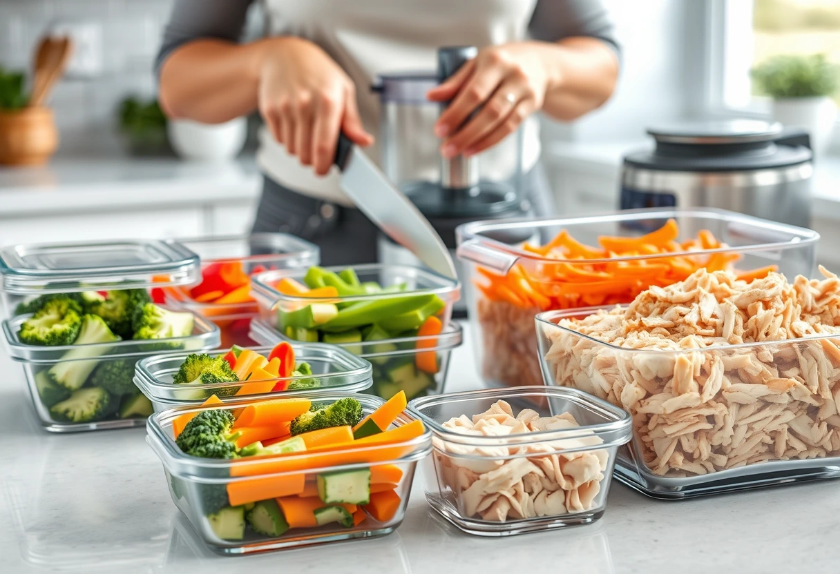 A young, busy mother efficiently chopping vegetables for her busy night dinners, utilizing a food processor, with meal prep containers organized in the background. The scene suggests easy weeknight solutions.