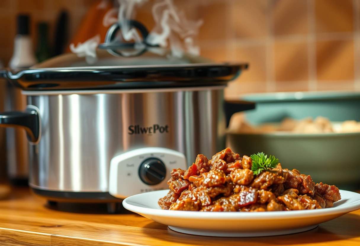 A slow cooker bubbling with a hearty pulled pork dinner, ready to be served, illustrating a convenient meal planning solution for families.