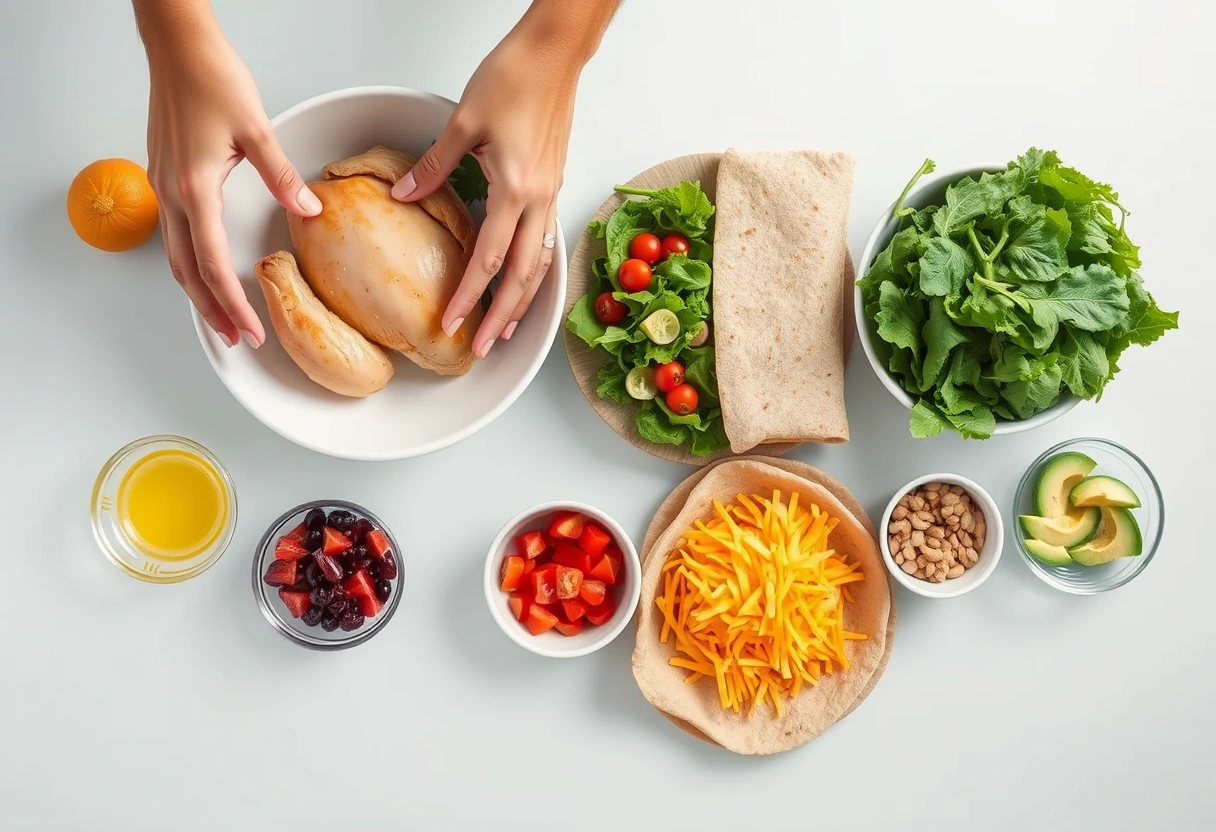 A variety of colorful pre-cut vegetables and a store-bought rotisserie chicken ready for assembly into quick and easy busy night dinners, showing efficient kitchen strategies.