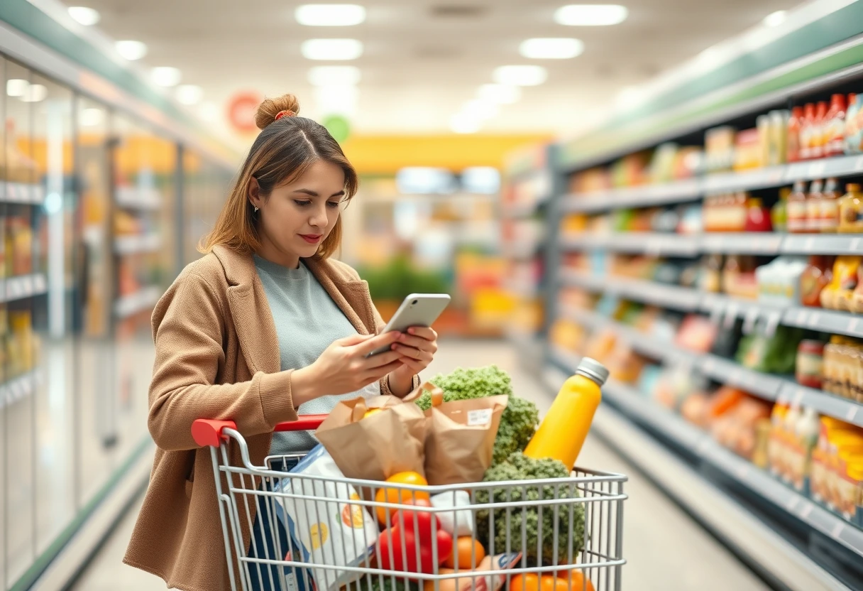 A single mother with a calm expression, efficiently navigating a grocery store aisle with her cart, reflecting a smooth and easy meal planning guide for busy single moms.