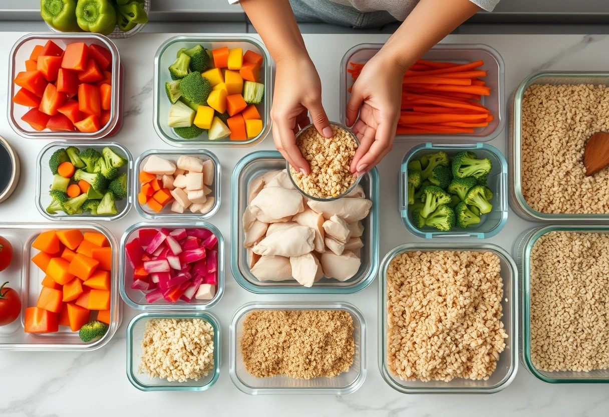 A single mother efficiently preparing meals in her kitchen, with containers of prepared ingredients and cooked dishes. The scene depicts a busy single mom batch cooking her go-to meal ideas.