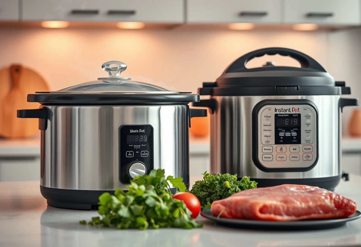 A modern kitchen counter featuring a slow cooker and an Instant Pot, symbolizing convenient Busy Single Mom's Go-To Meal Ideas for easy cooking.