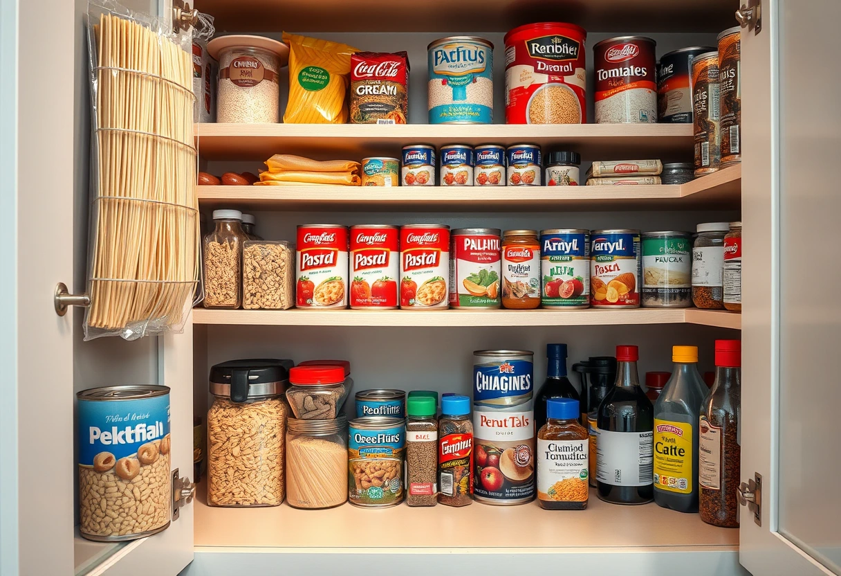 A well-organized pantry with essential staples like canned goods, pasta, and rice, highlighting easy ingredients for Busy Single Mom's Go-To Meal Ideas.