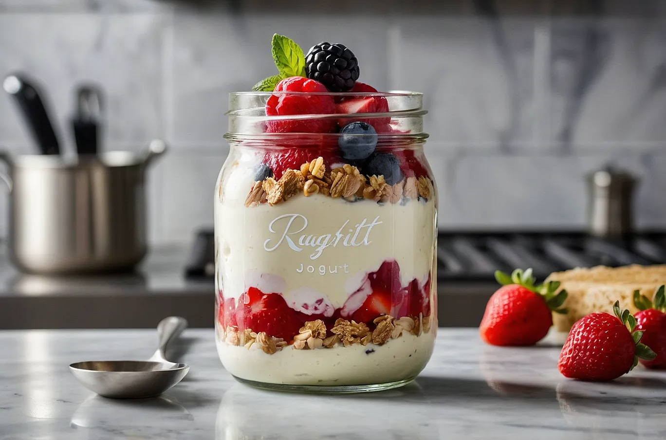 A mason jar filled with a parfait—layers of yogurt, fruit, and a touch of sweetness.
