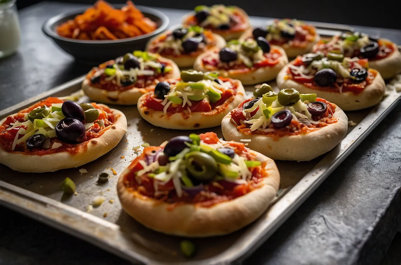 Mini pita pizzas arranged on a sheet tray, ready to bake