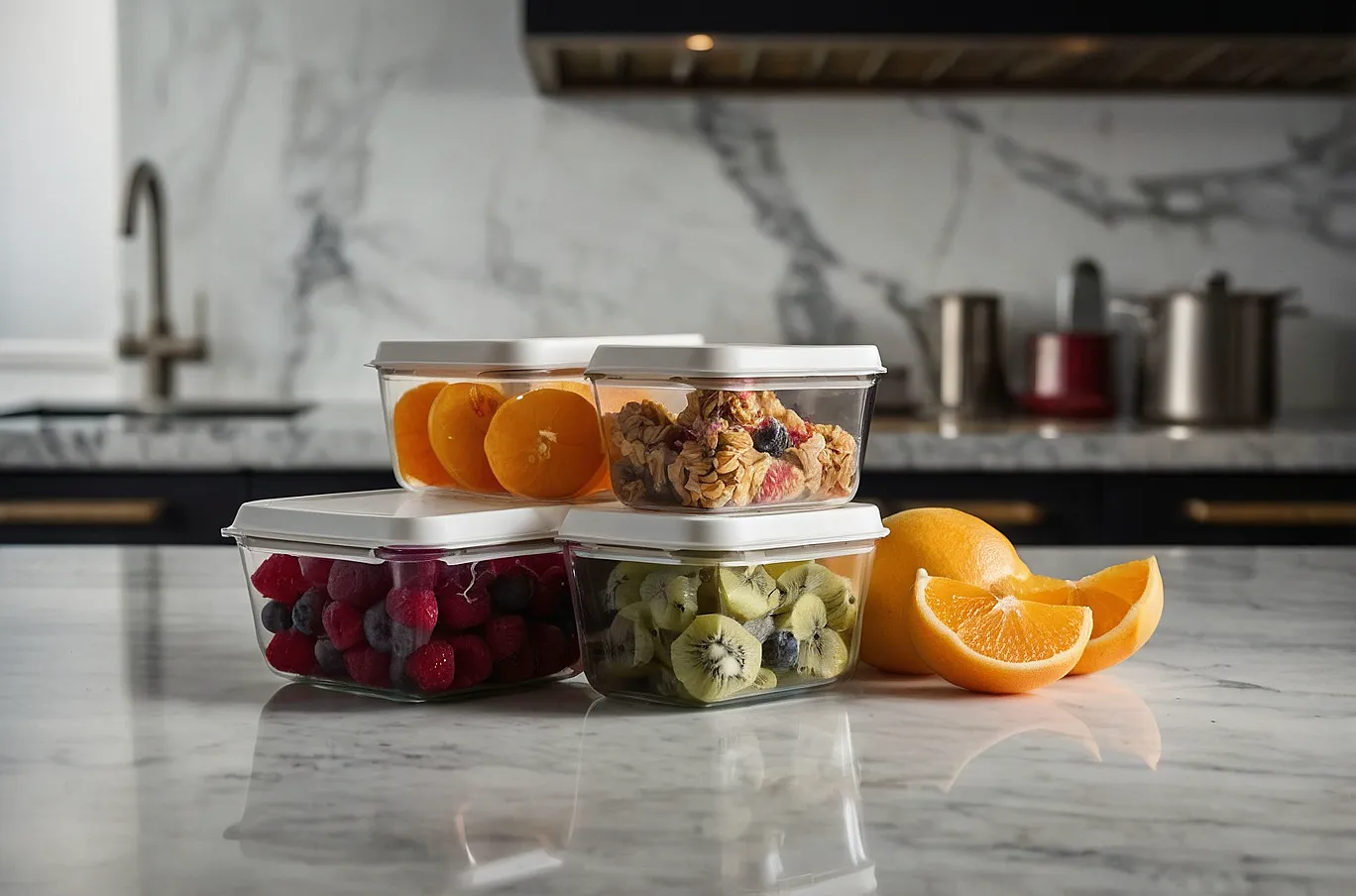Food containers filled with a variety of different foods, ready to eat or reheat.