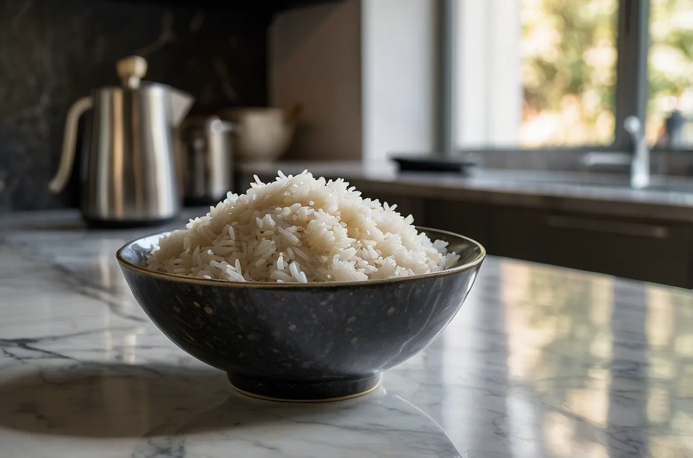 Steaming, fluffy grains served simple and warm.
