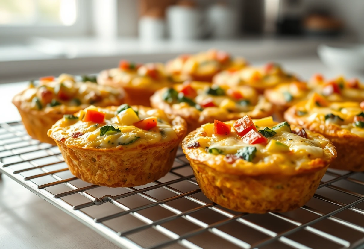 A close-up shot of golden-brown, fluffy egg muffins filled with colorful diced vegetables and spinach, cooling on a wire rack with a blurred background of a modern kitchen. The warm light suggests a cozy morning. This image perfectly captures the essence of comforting breakfast recipes for busy family mornings.
