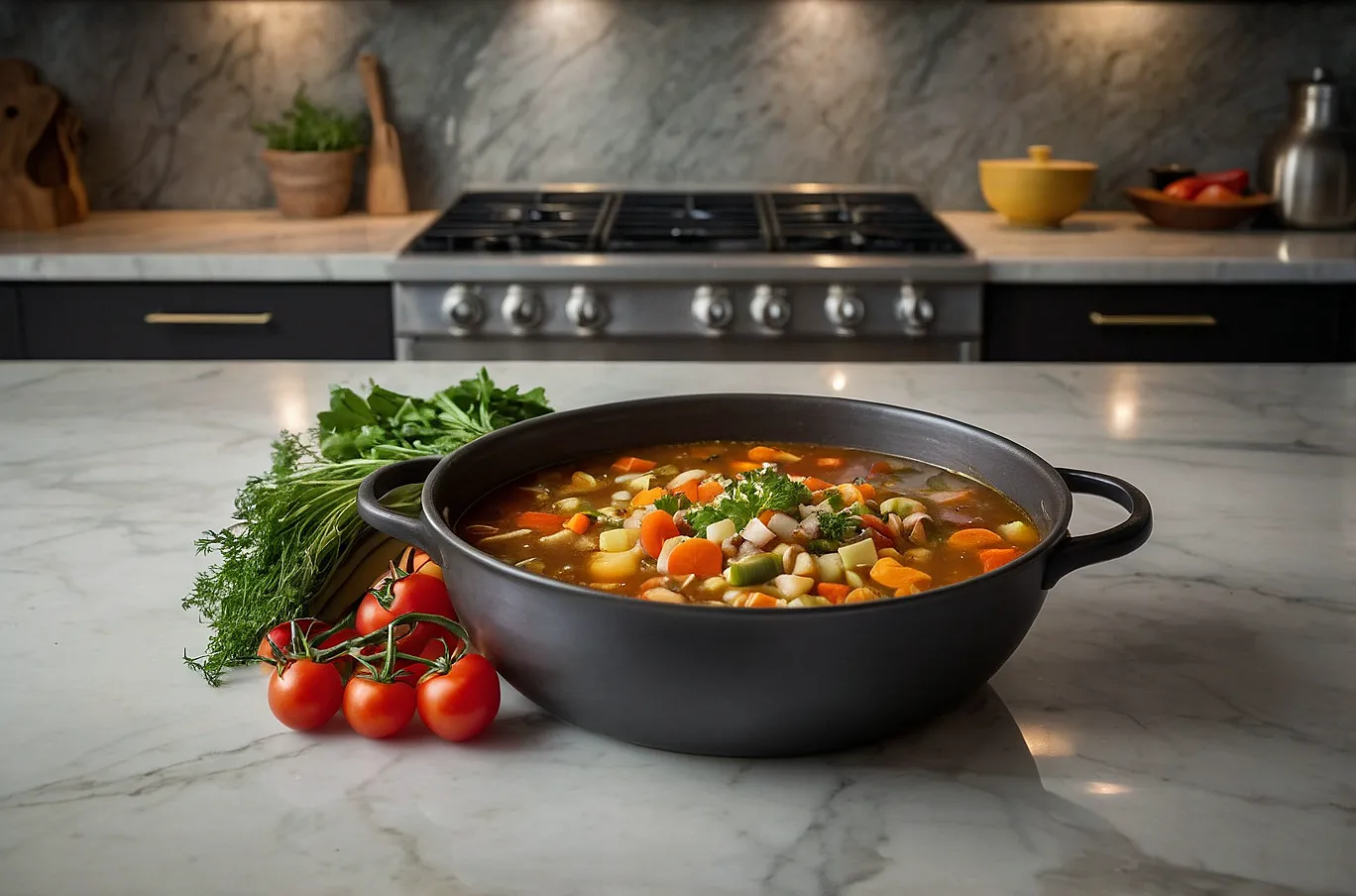 A large pot filled with warm, comforting soup, ready to serve.