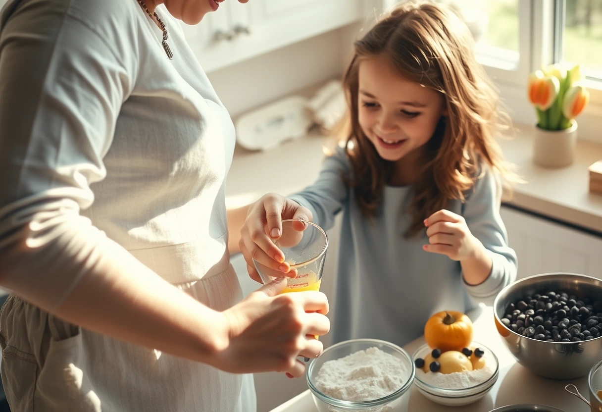 A smiling mom and her child preparing a delicious dessert kids love and moms can quickly prepare, featuring colorful ingredients spread out on a kitchen counter.