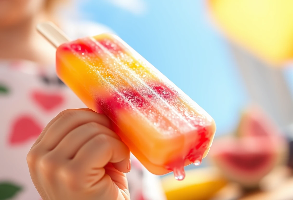 A close-up of a child happily eating a delicious dessert kids love and moms can quickly prepare, which looks like a homemade fruit popsicle, vibrant and refreshing.