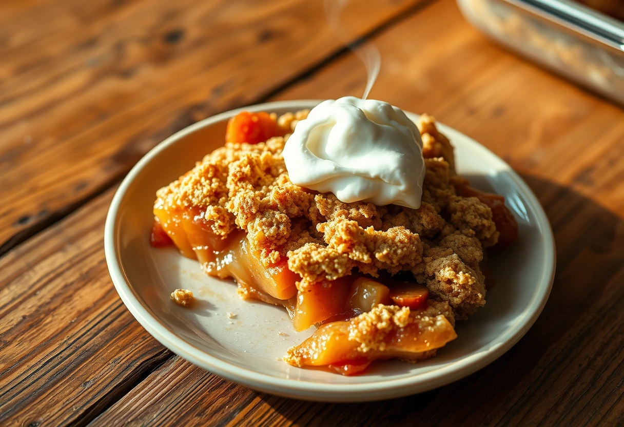 A plate of freshly baked delicious desserts kids love and moms can quickly prepare, featuring a golden-brown fruit crisp topped with a scoop of vanilla ice cream, steamy and inviting.