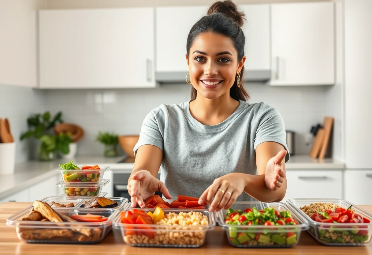 A busy mom efficiently meal prepping delicious dinners for her family, with containers of prepped ingredients and a satisfied expression. She's got her game face on, ready to tackle the week ahead with easy weeknight dinners for time-crunched moms.
