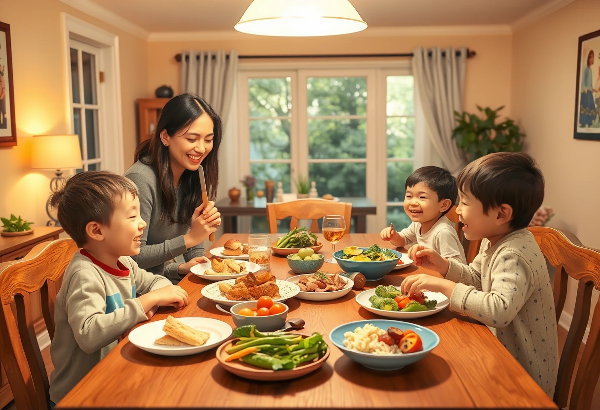 A smiling family of a mom, dad, and two young children happily eating a delicious, home-cooked meal around a kitchen table, showcasing a successful family-friendly dinner. This represents quick family meals for busy mothers that everyone enjoys.