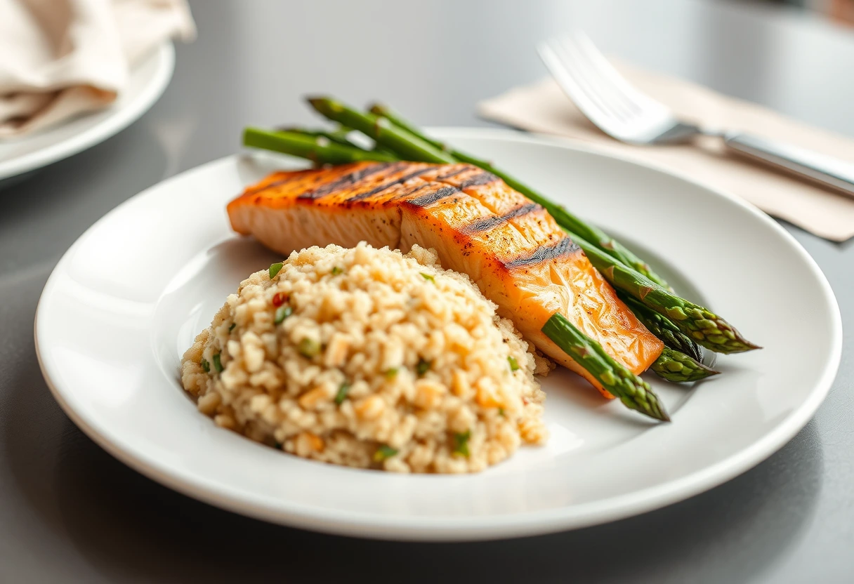 A close-up shot of a vibrant, healthy meal on a plate, featuring grilled salmon, roasted asparagus, and quinoa, symbolizing nutritious and delicious dinners for moms racing against the clock. It's a perfect example of speedy and satisfying meals for mothers on the go.