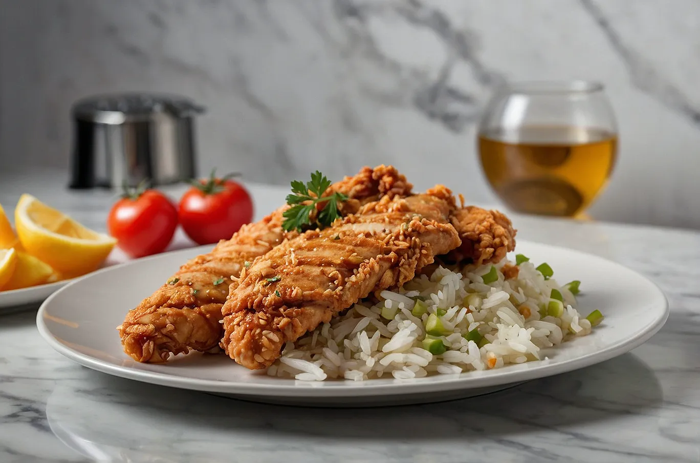 Tender chicken strips served with fluffy rice on a plate.
