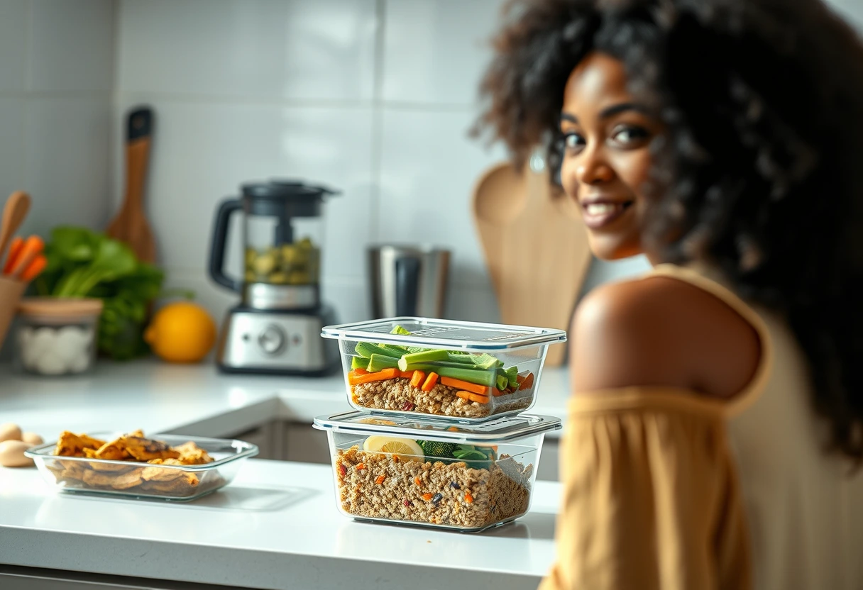 A busy mother efficiently preparing a meal in a modern kitchen, with prepped ingredients and healthy vegetables on the counter, symbolizing quick and healthy family dinners.