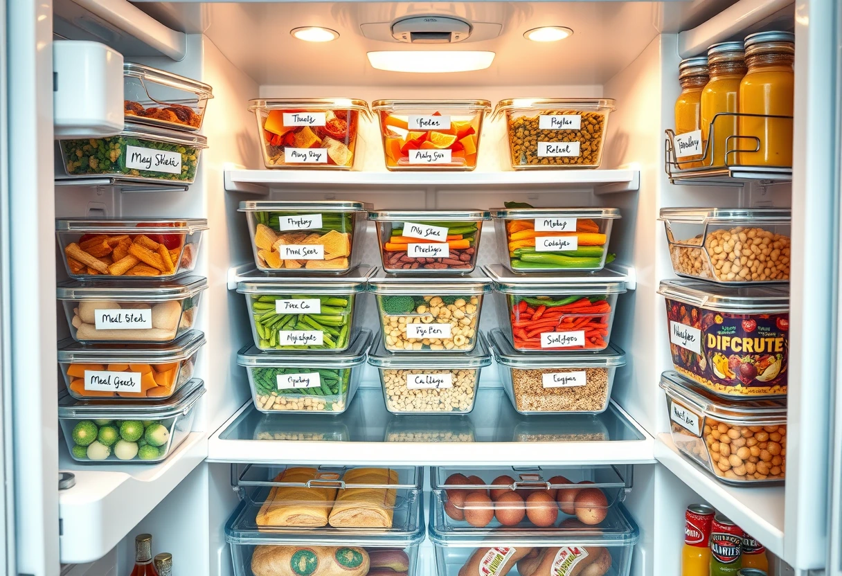 A variety of pre-cooked easy and balanced dinners for busy families, portioned into containers in a refrigerator, ready for the week, showcasing efficient family meal planning.
