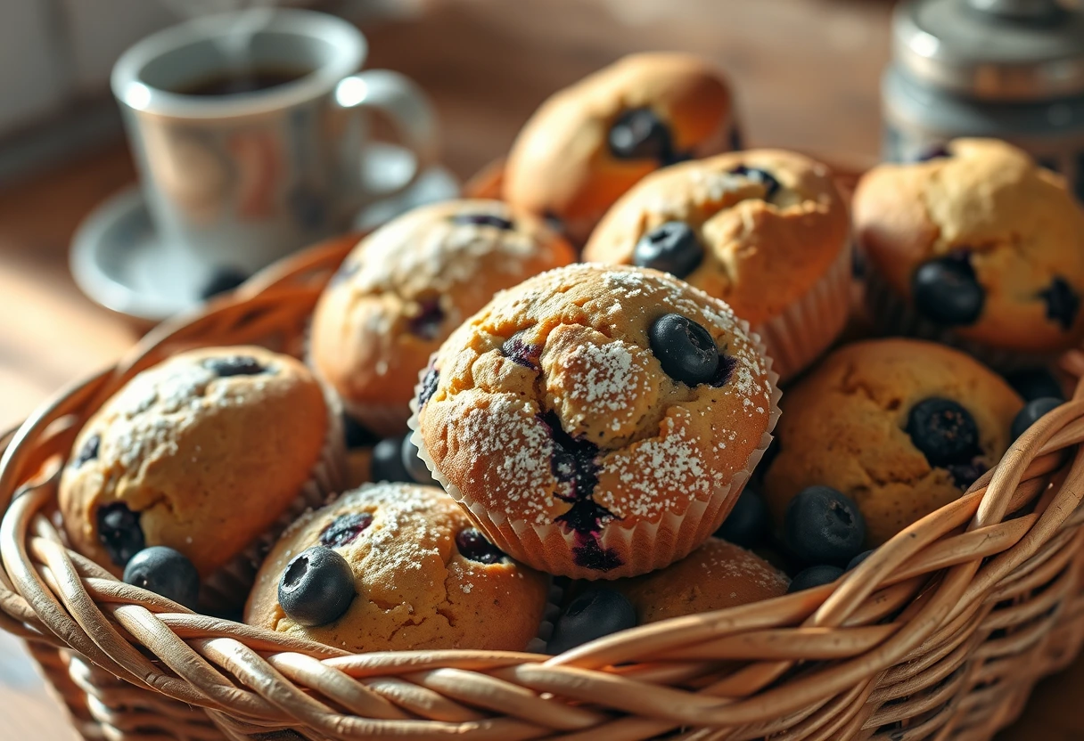 A basket of freshly baked blueberry muffins, exuding the warmth of easy and cozy breakfasts busy moms will adore.