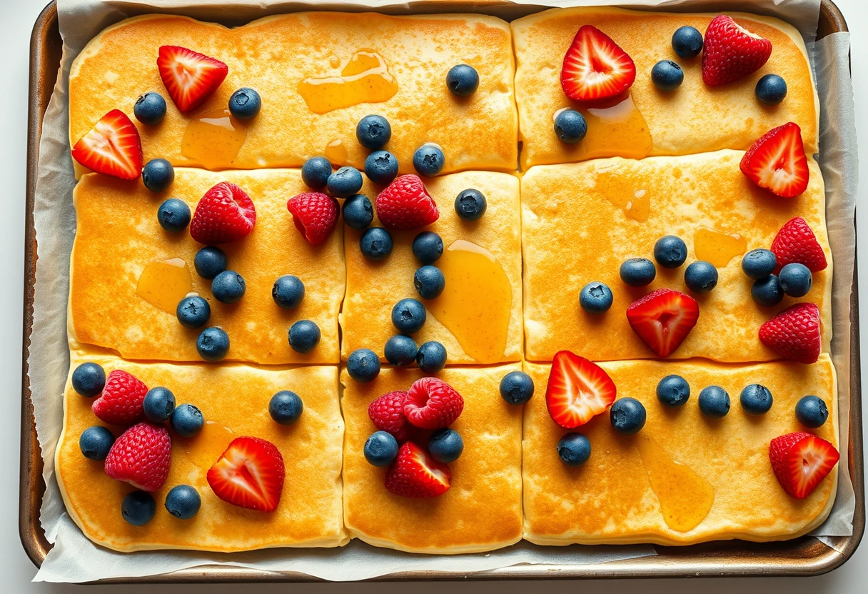 A sheet pan with golden brown pancakes topped with berries, symbolizing easy and cozy breakfasts busy moms will adore.