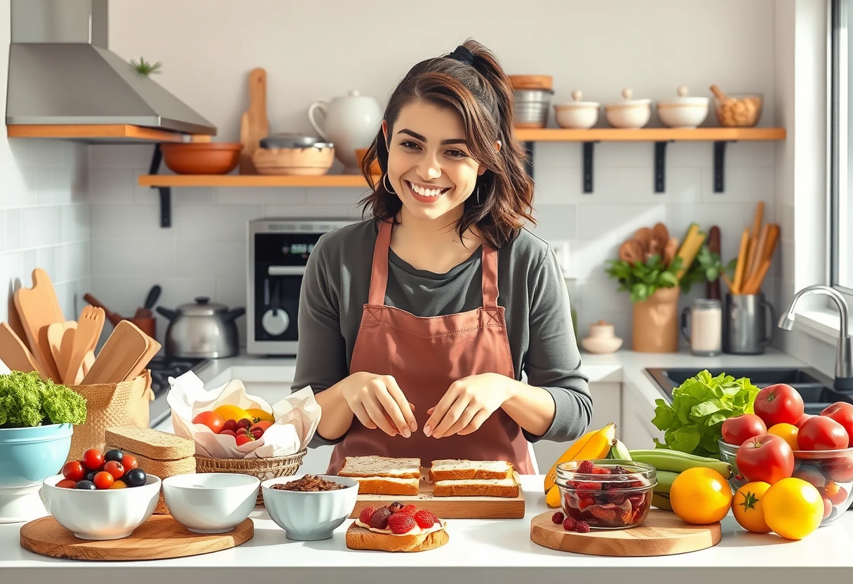 A busy mother quickly assembling a variety of easy and nutritious toast ideas for her family on a kitchen counter, featuring colorful, wholesome ingredients.