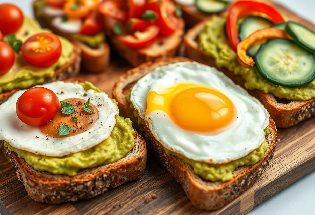 A close-up shot of a variety of appealing easy and nutritious toast ideas, including avocado toast with egg, and hummus toast with vegetables, artfully arranged on a wooden board.