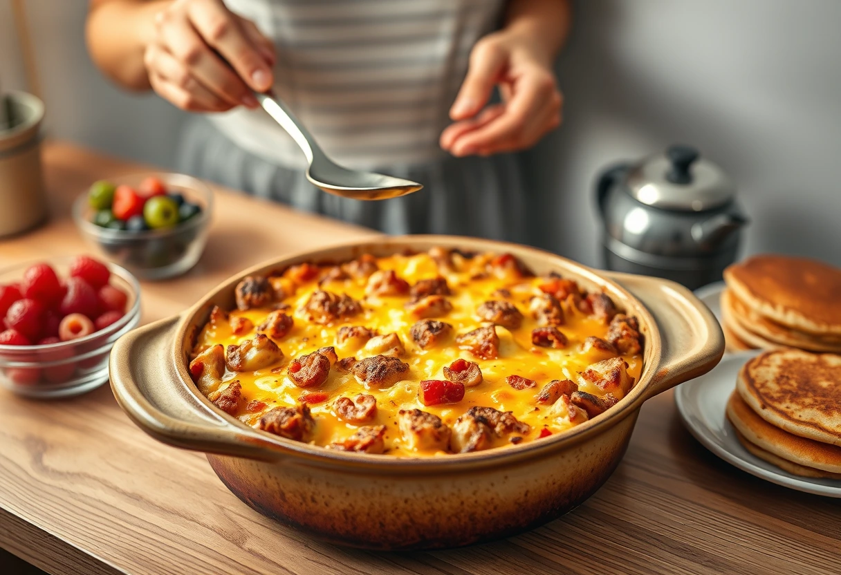 A busy mom smiling while effortlessly serving a beautifully laid out breakfast casserole, with colorful fruits and pastries in the background, showcasing easy brunch ideas for a relaxed morning.