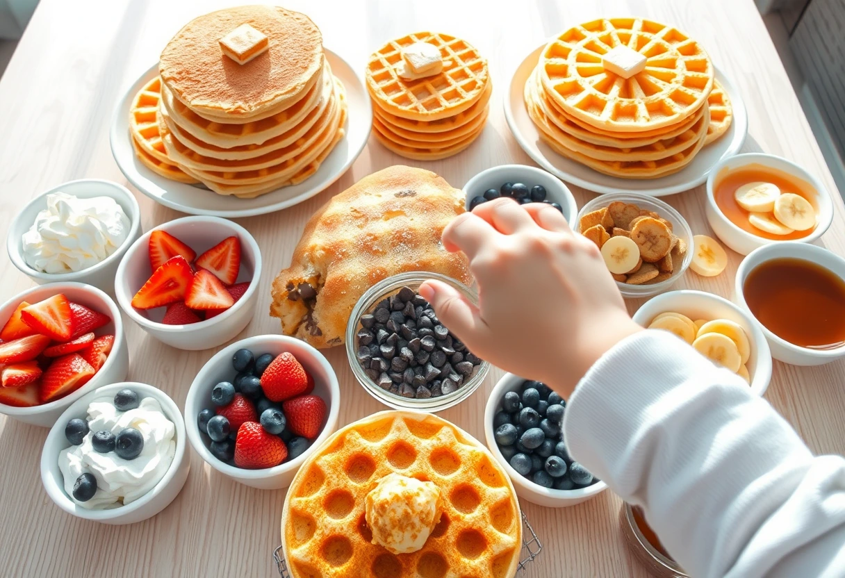 A vibrant, overflowing pancake and waffle bar, featuring various toppings like fresh berries, whipped cream, and syrups, embodying the spirit of easy brunch ideas for a joyful gathering.