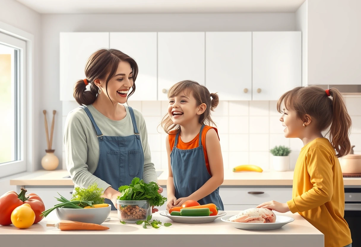 A single mother laughing with her two young children while cooking easy dinner recipes for single moms on the go in a modern kitchen. The table has fresh ingredients and a simple, healthy meal being prepared.