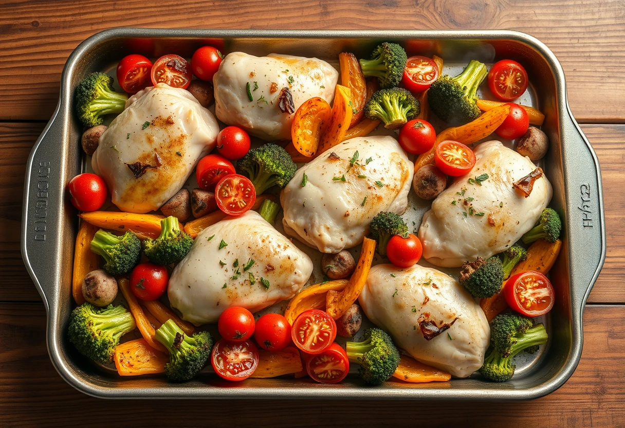 A vibrant sheet pan filled with roasted chicken and colorful vegetables, perfect as an easy dinner recipe for single moms on the go, showcasing a simple, healthy meal preparation.