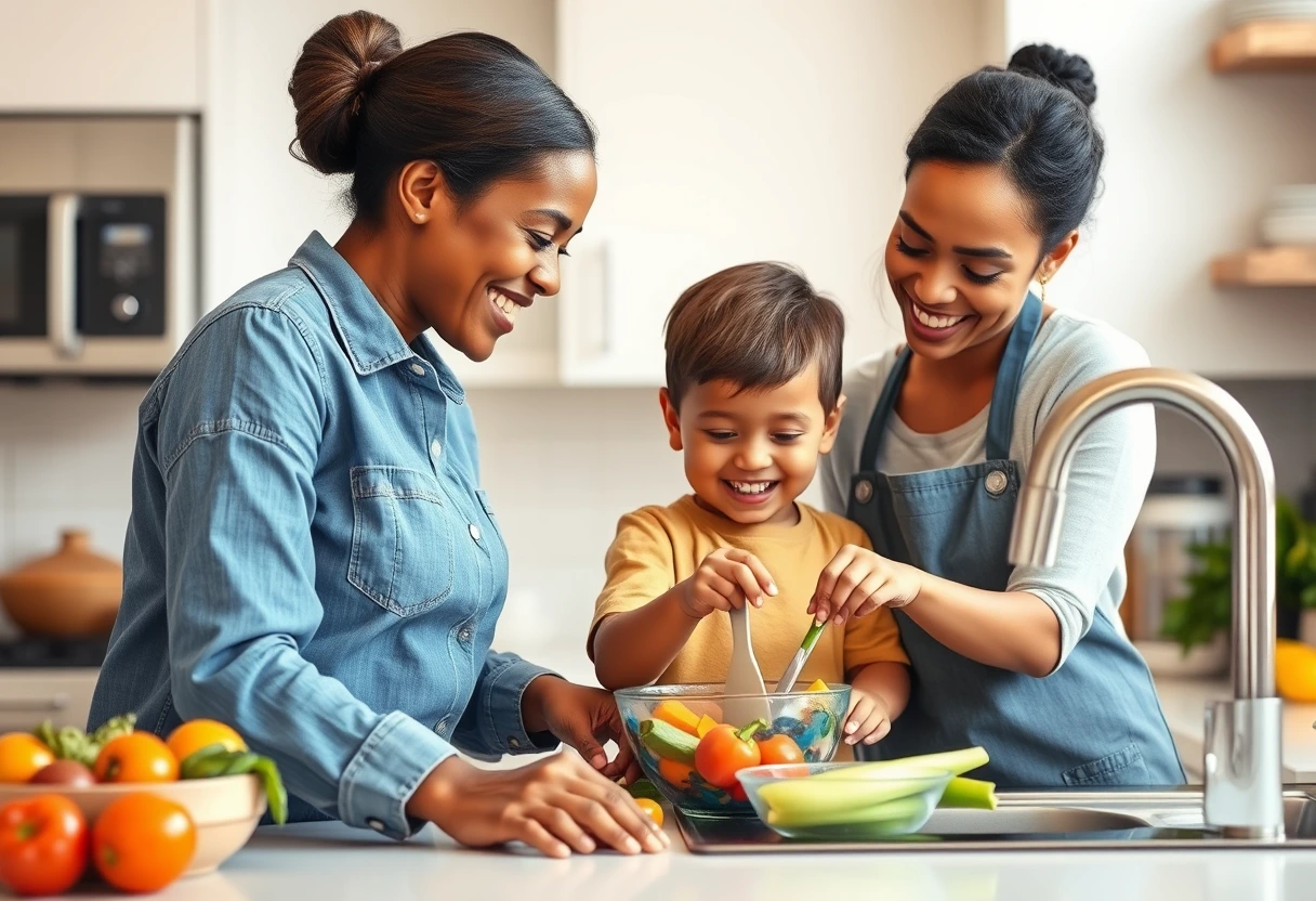 A single mother and her young child joyfully preparing food together in a kitchen, symbolizing the ease and fun of cooking easy dinner recipes for single moms on the go, with healthy ingredients on the counter.