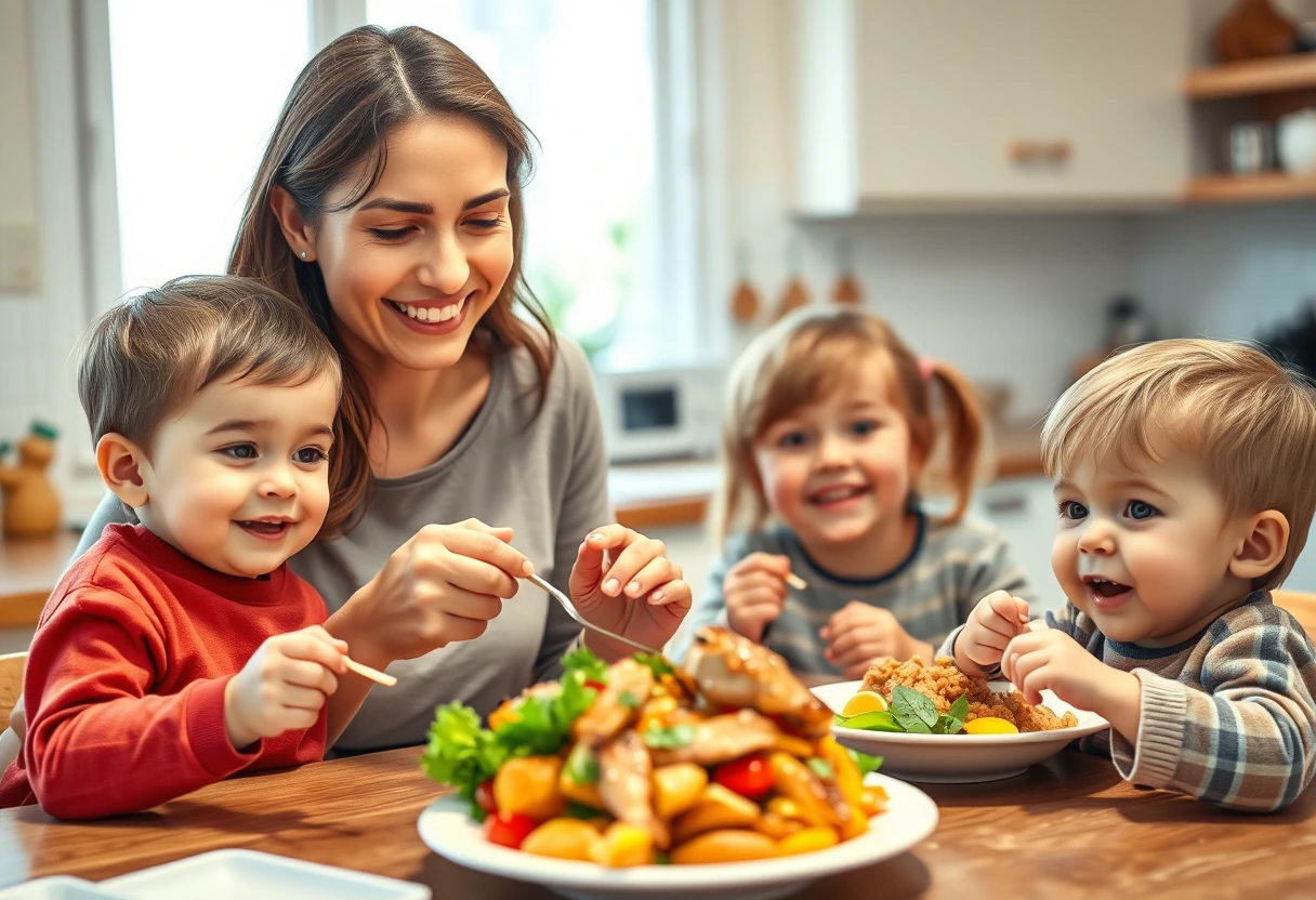 A busy young mother happily serving her children a plate of delicious and easy family chicken recipes, depicting a relaxed and joyful dinner time. The kitchen is tidy and inviting.