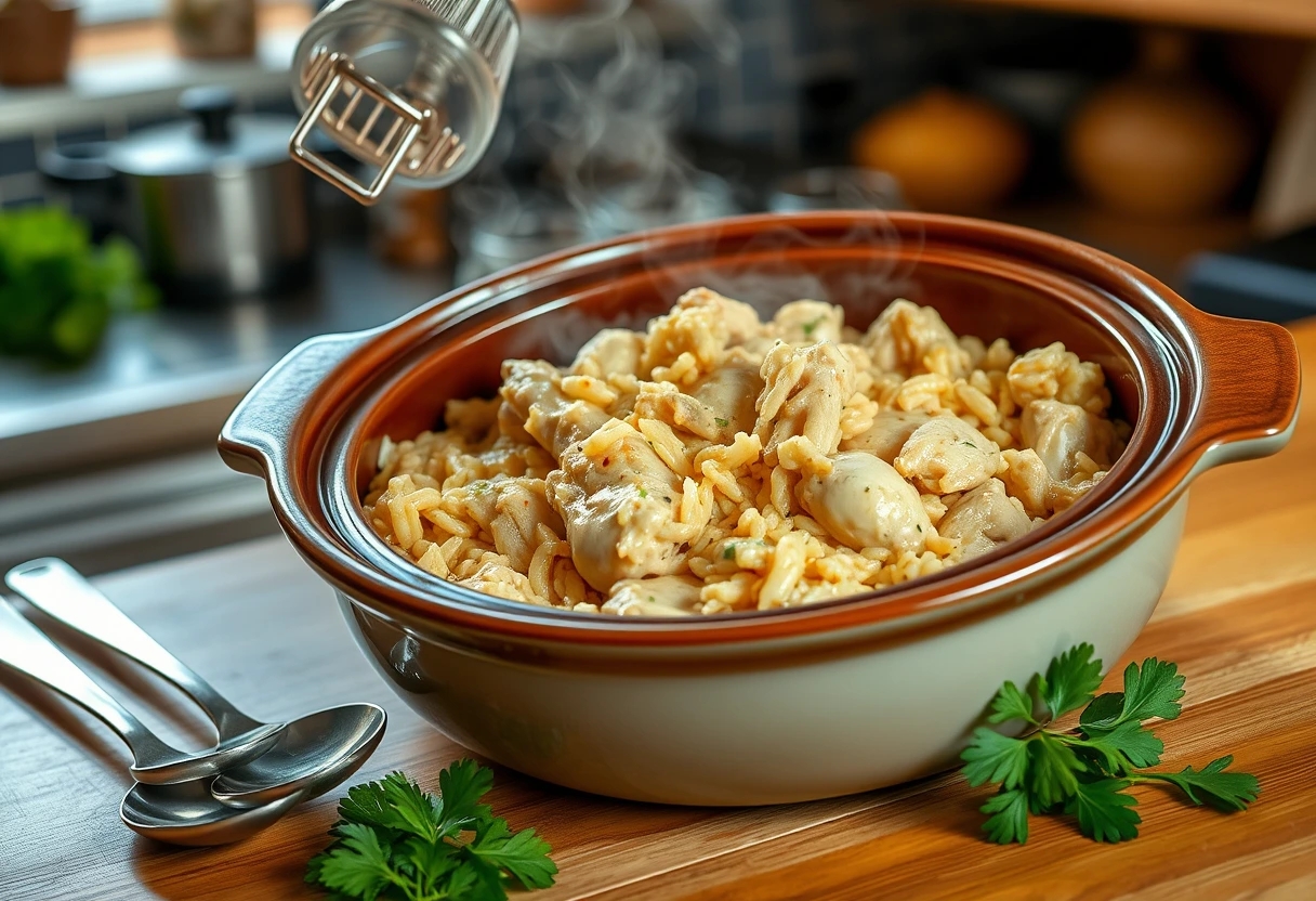 A beautifully cooked, family-sized portion of chicken and rice, steaming hot and ready to serve, symbolizing comforting and easy family chicken recipes for a busy household.