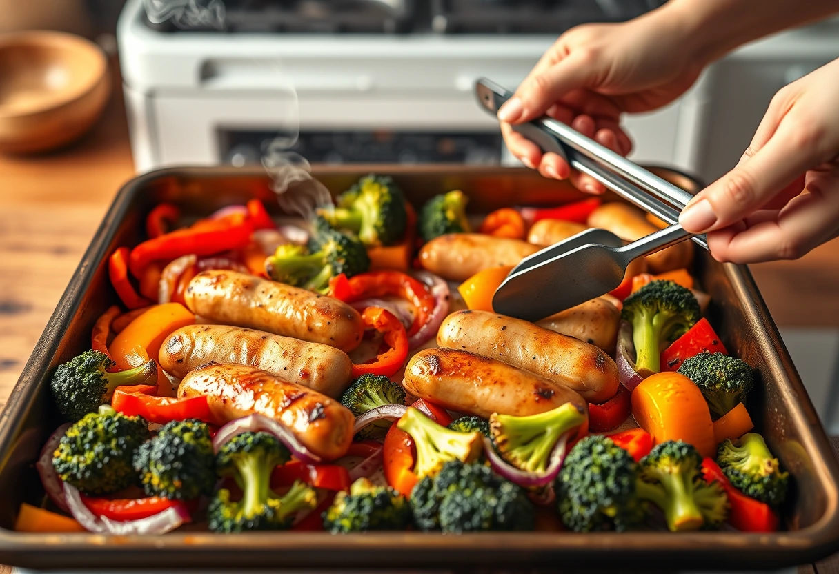A busy young mother quickly preparing a sheet pan dinner with colorful vegetables and chicken sausages for her family's easy weeknight dinner.