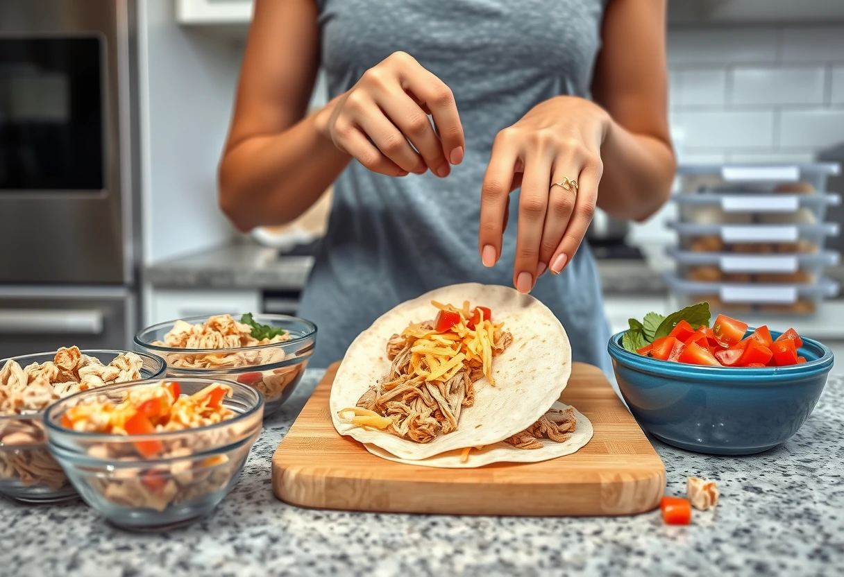 A young mother quickly assembling easy family dinners like chicken quesadillas from leftover roast chicken, demonstrating a smart time-saving dinner hack.
