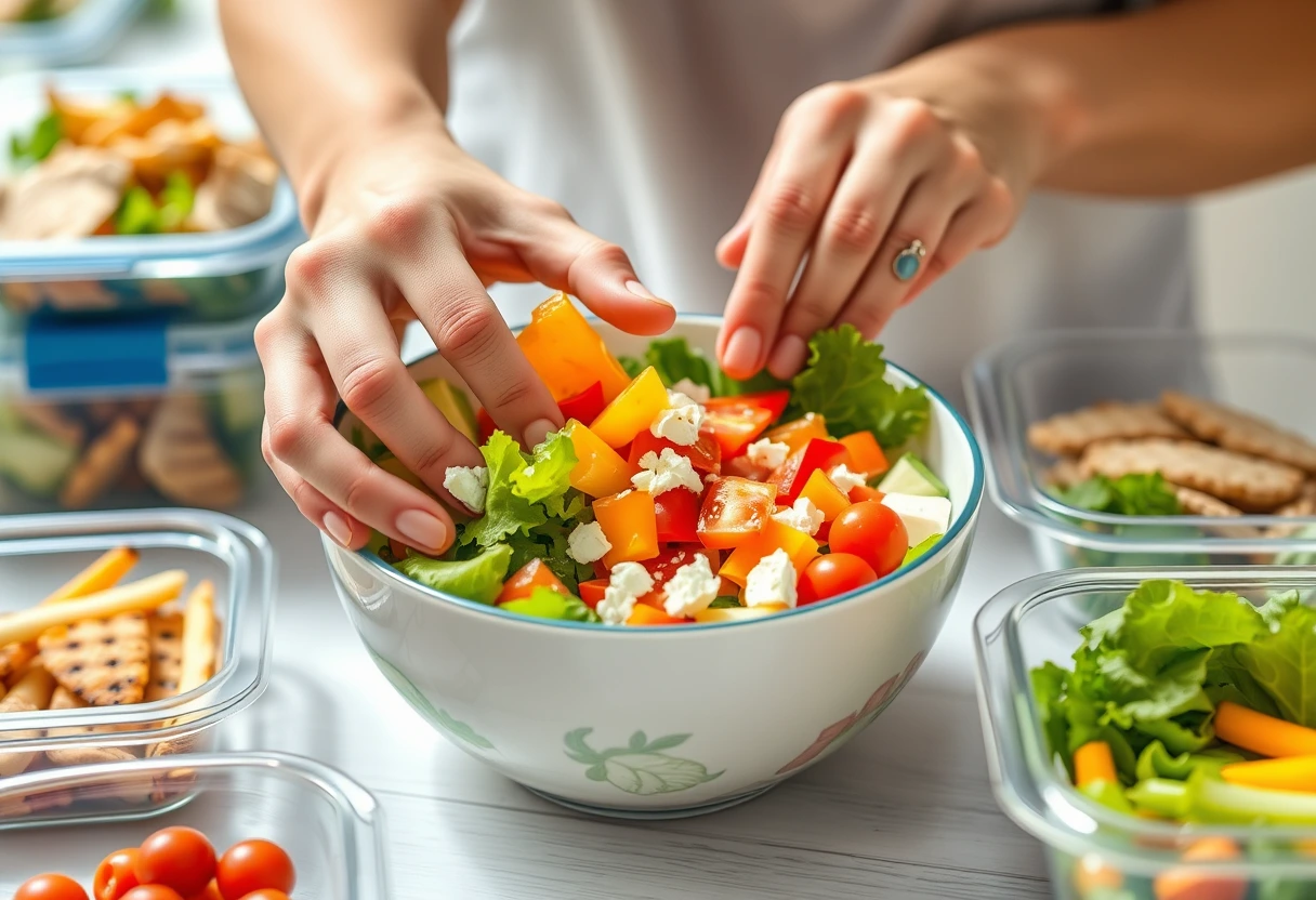 A busy mother quickly assembling a no-cook salad with pre-chopped vegetables and cheese, showing an easy family lunch ready in minutes.
