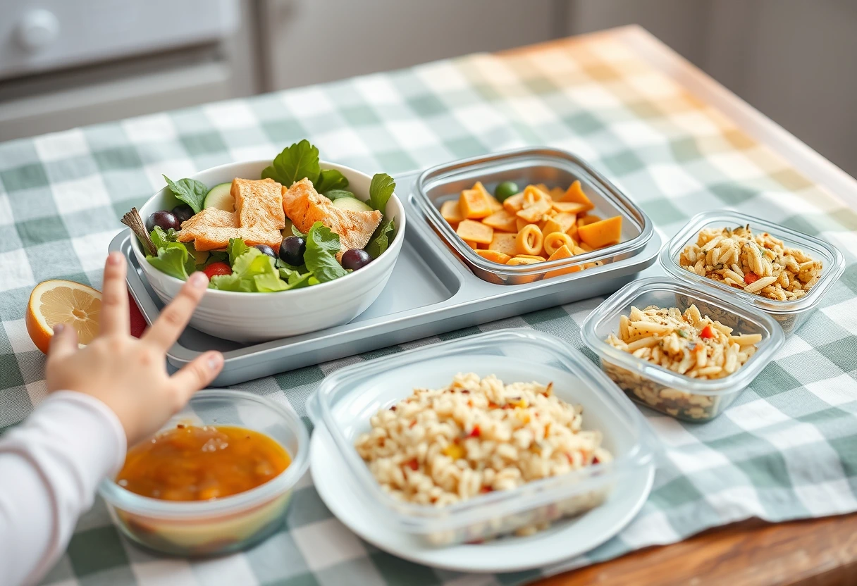 A family enjoying transformed dinner leftovers for an easy family lunch, such as turning roasted chicken into a vibrant salad.