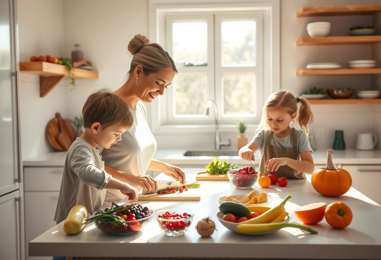 A single mother and her two children happily preparing a quick, nutritious meal together in a bright, modern kitchen. The table is set with simple, healthy ingredients for easy family meals for single moms with kids.