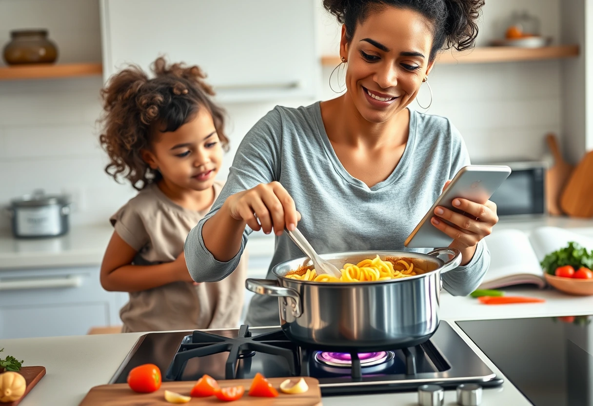 A busy single mom confidently stirring a pot of pasta with her child watching, surrounded by quick-prep ingredients. The scene emphasizes time-saving recipes and delicious, healthy family dinners.