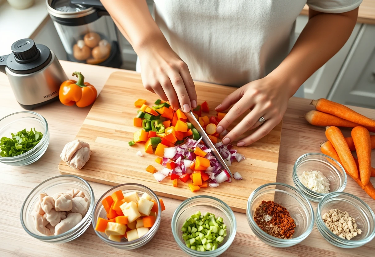 A young mother quickly chopping vegetables on a cutting board, surrounded by prepped ingredients for easy family meals ready in 30 minutes, kitchen is bright and organized.