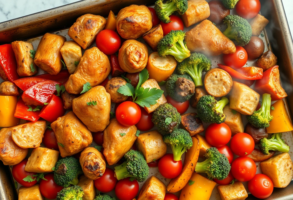A vibrant sheet pan dinner with chicken and colorful vegetables, showing a complete meal cooked on a single pan, perfect for easy family meals ready in 30 minutes and minimal cleanup.
