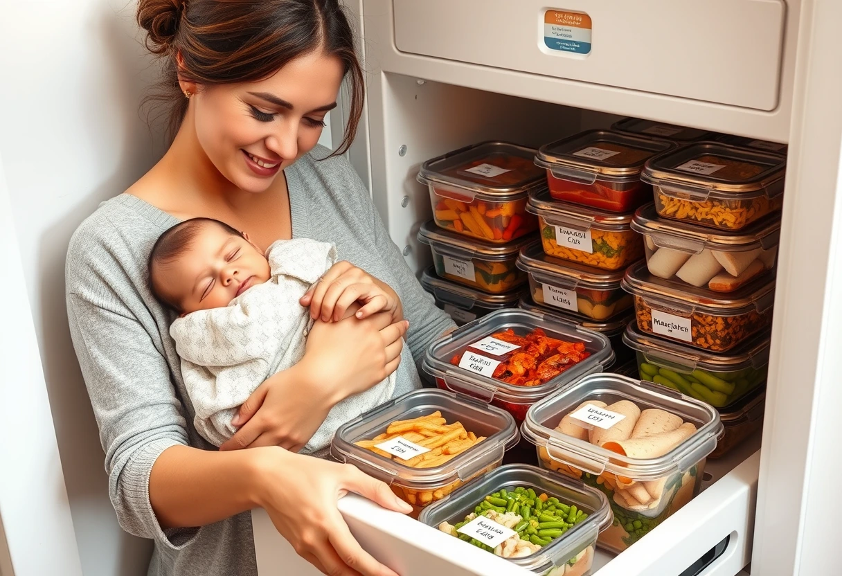 A smiling new mother holding her baby, with a stack of labeled, prepared easy freezer meals for new moms in the background, symbolizing convenience and readiness.