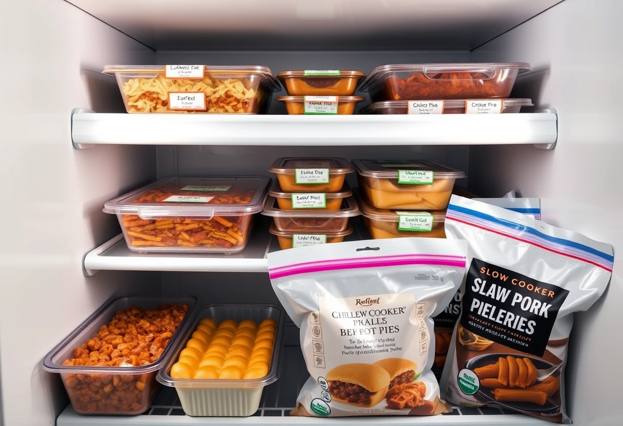 A collection of diverse, pre-portioned easy freezer meals for new moms, including soups, stews, and casseroles, neatly arranged in freezer-safe containers ready for storage.