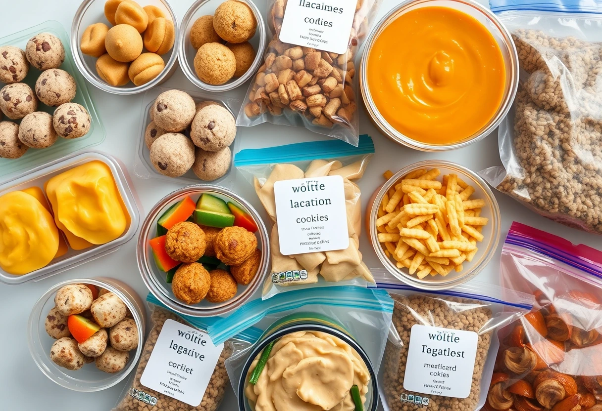 A variety of freezer-friendly snacks and side dishes for new moms, including energy bites, lactation cookies, and vegetable purees, all labeled and stored neatly.