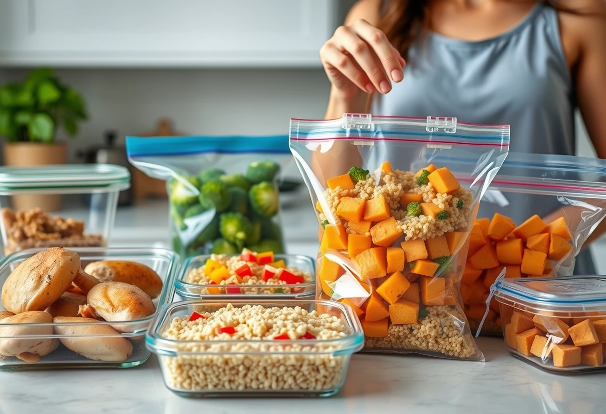 A new mom efficiently preparing a variety of easy gluten-free meals in her kitchen, with containers of pre-chopped vegetables and cooked grains.