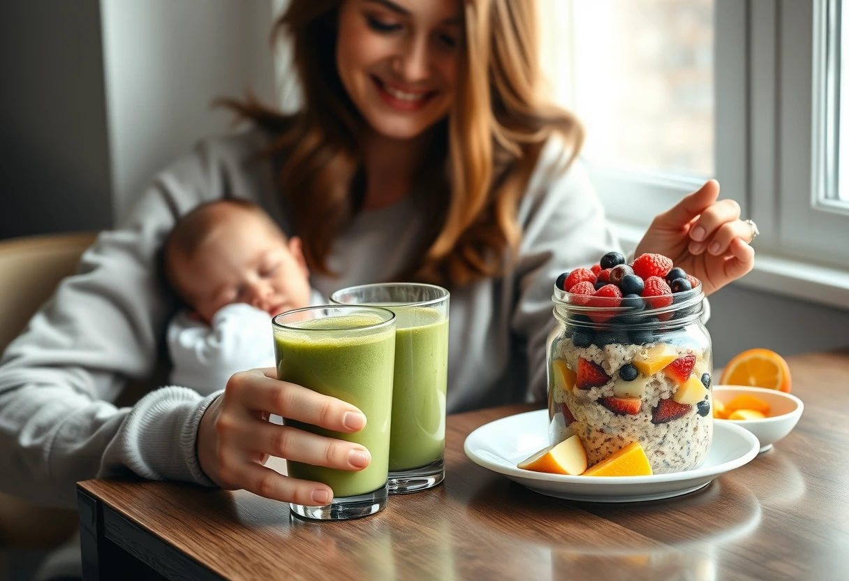 A new mom enjoying a healthy and easy gluten-free breakfast, with a smoothie, overnight oats, and fruit, demonstrating quick and nutritious meal options.