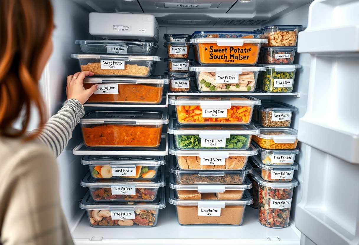 A new mom opening a freezer full of neatly organized, pre-portioned easy gluten-free meals like chili and casseroles, ready to be reheated.