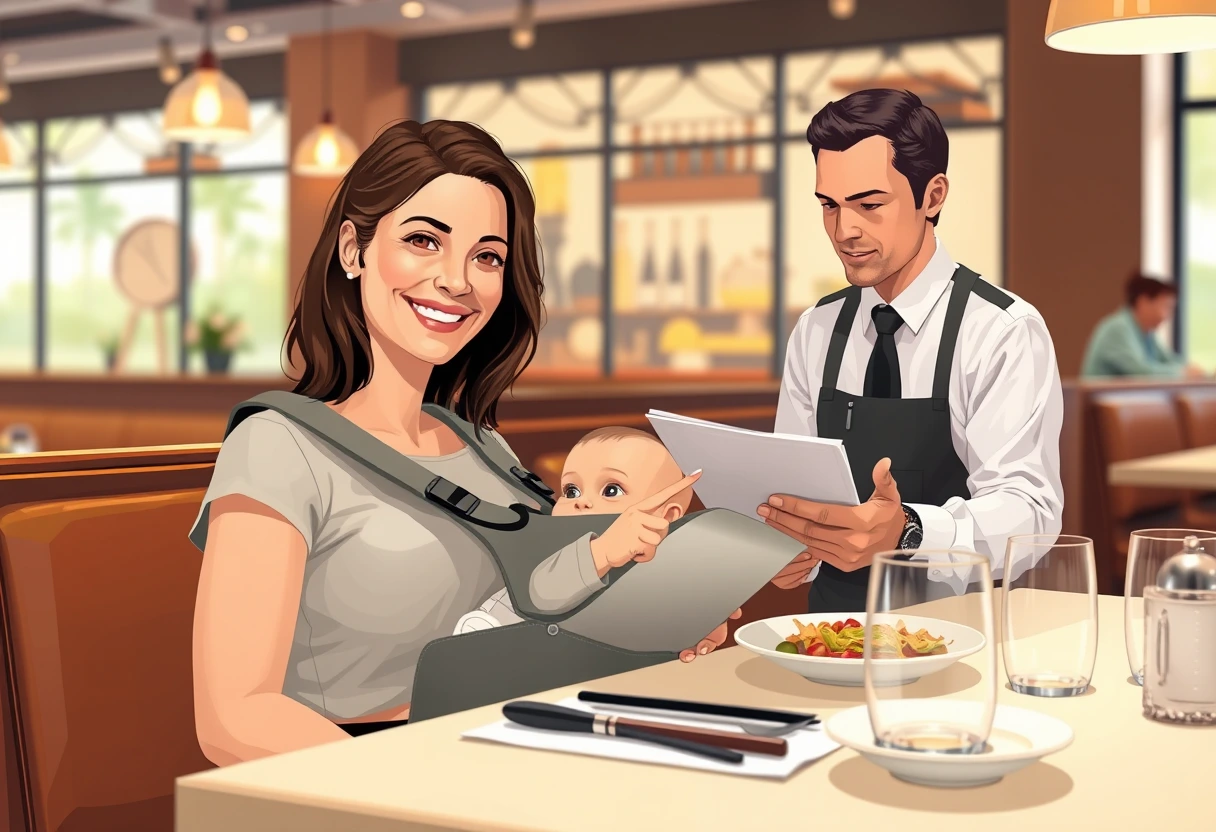A new mom confidently ordering a safe gluten-free meal at a restaurant, with her baby in a carrier, illustrating how to navigate dining out easily.